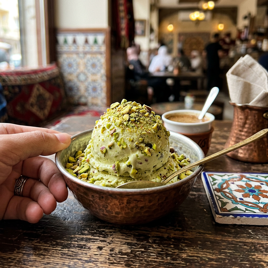 Bowl of pistachio ice cream sprinkled with chopped pistachios on a wooden table