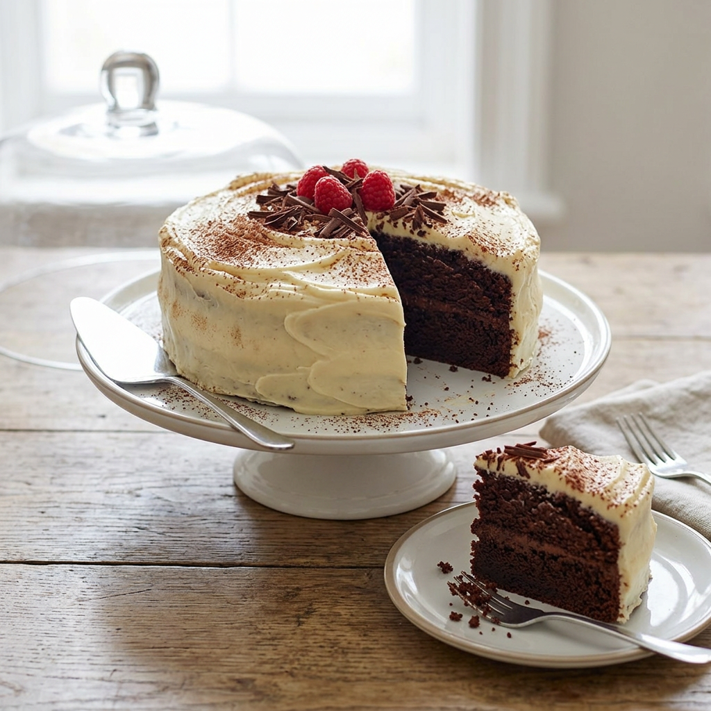 Two-layer chocolate cake with white cream frosting topped with raspberries and chocolate shavings, one slice on a plate