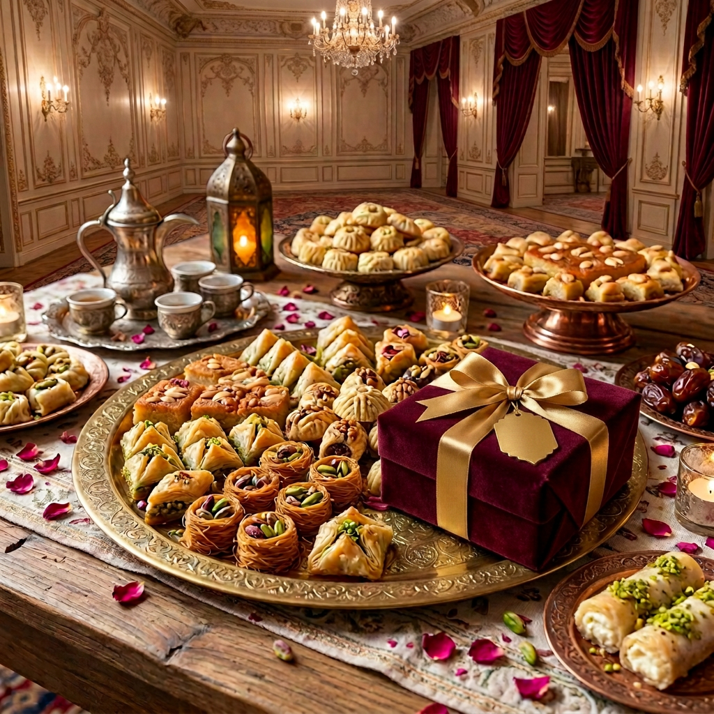Assorted Middle Eastern desserts including baklava, maamoul, and pistachio pastries on decorative platters with tea set and candles